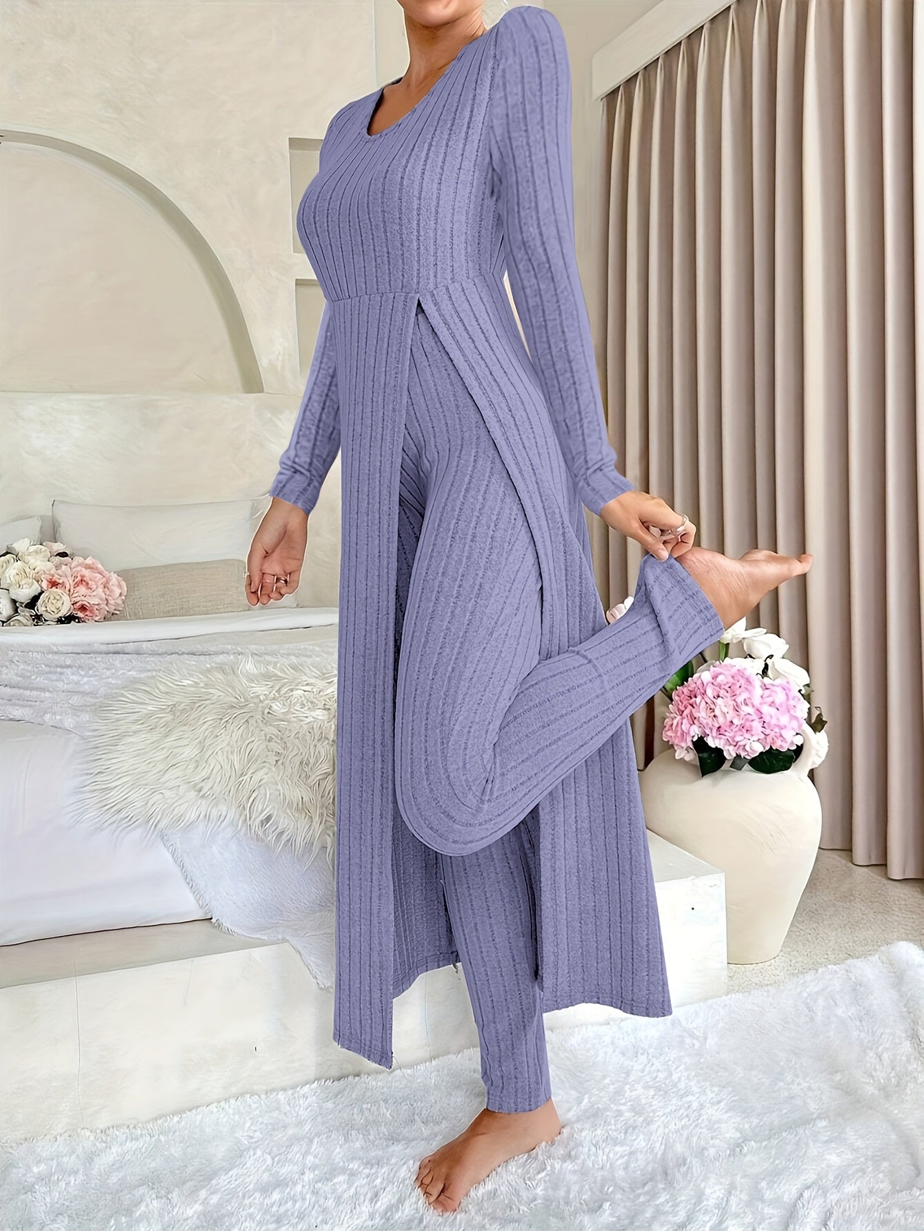 Damen Zweiteiliges Rippstrick-Set mit Langarm-Top und Hose