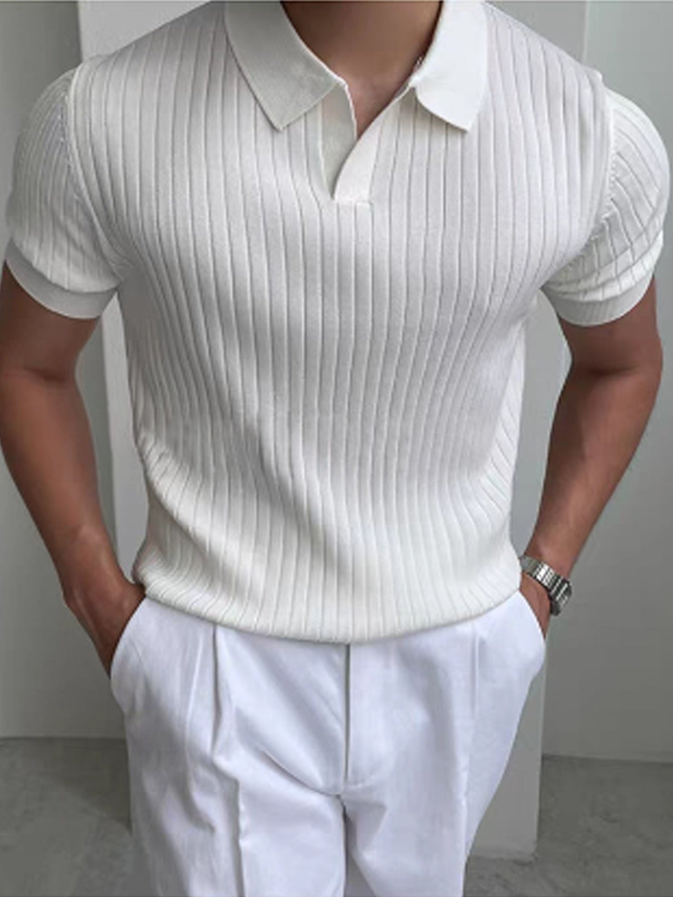 Herren Polo Shirt – Gestreift Struktur & Kurzarm Lässig
