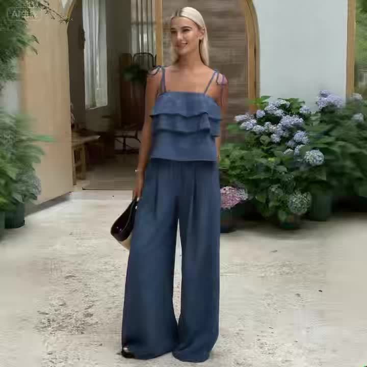 Damen 2-teiliges Set mit Rüschen-Cami und Bindehose