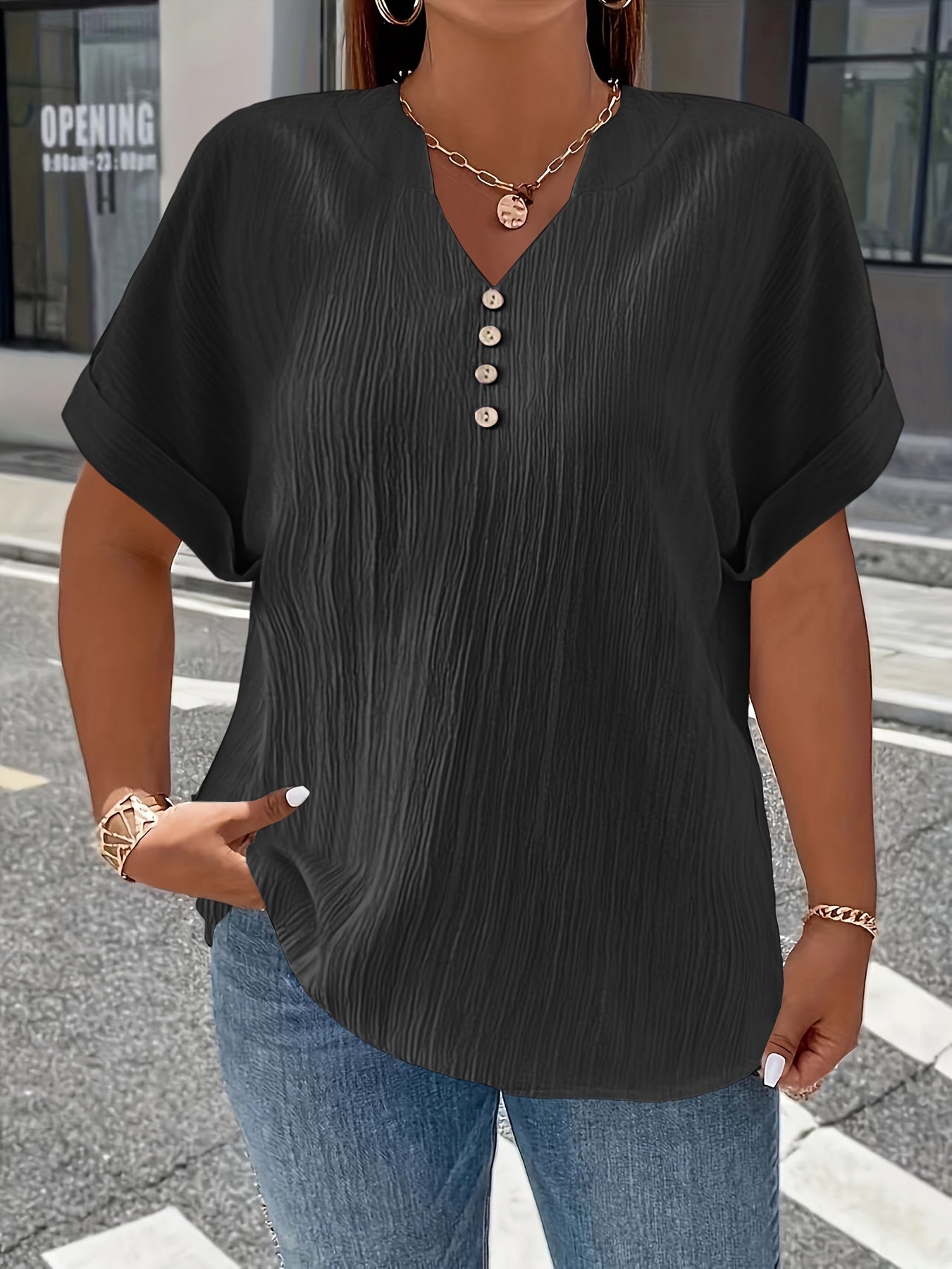 Damen Plus Size T-Shirt – Elegant Kurzarm mit Knopfleiste