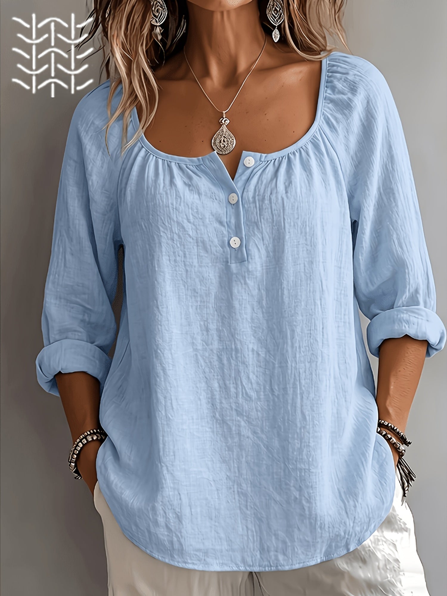 Damen Bluse – Leinenoptik & Eckiger Ausschnitt Locker Elegant