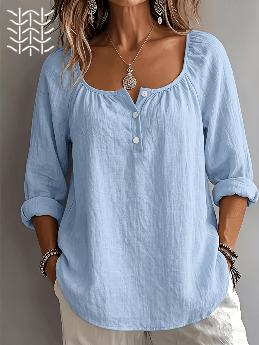Damen Bluse – Leinenoptik & Eckiger Ausschnitt Locker Elegant