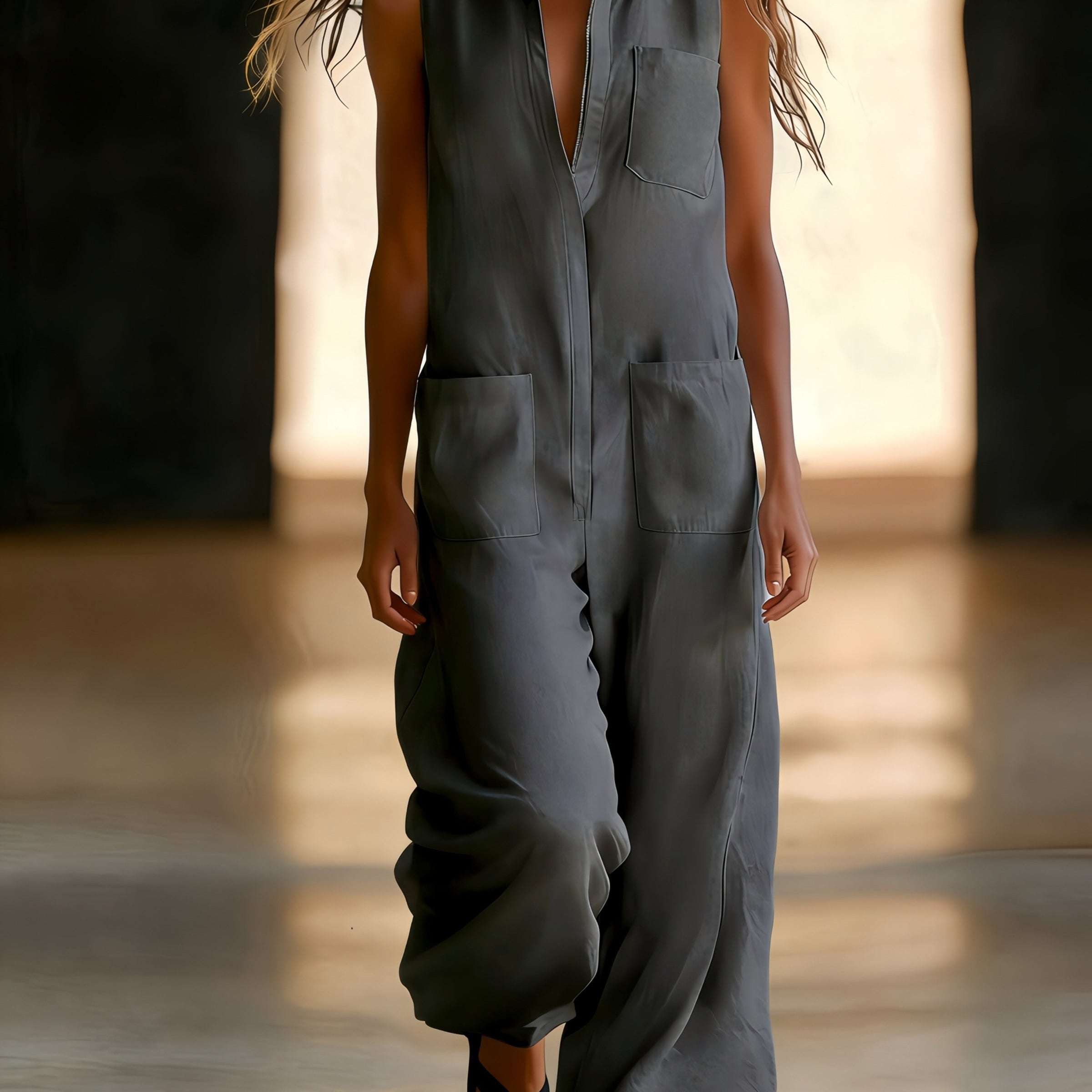 Damen Ärmelloser Wide-Leg Jumpsuit mit Taschen