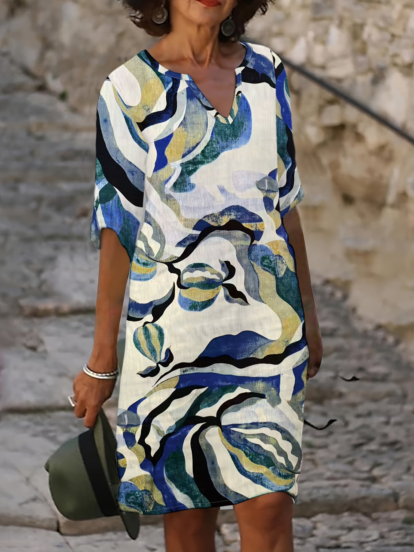 Damen Casual Kleid mit V-Ausschnitt und Blumenprint