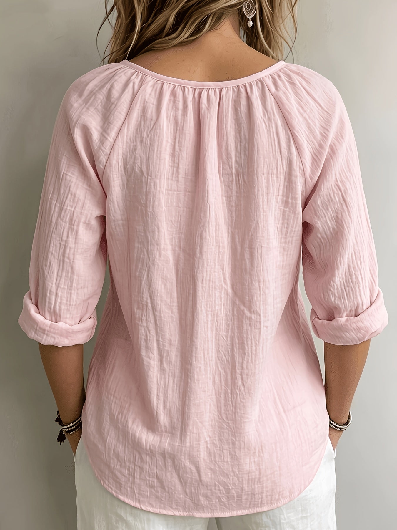 Damen Bluse – Leinenoptik & Eckiger Ausschnitt Locker Elegant