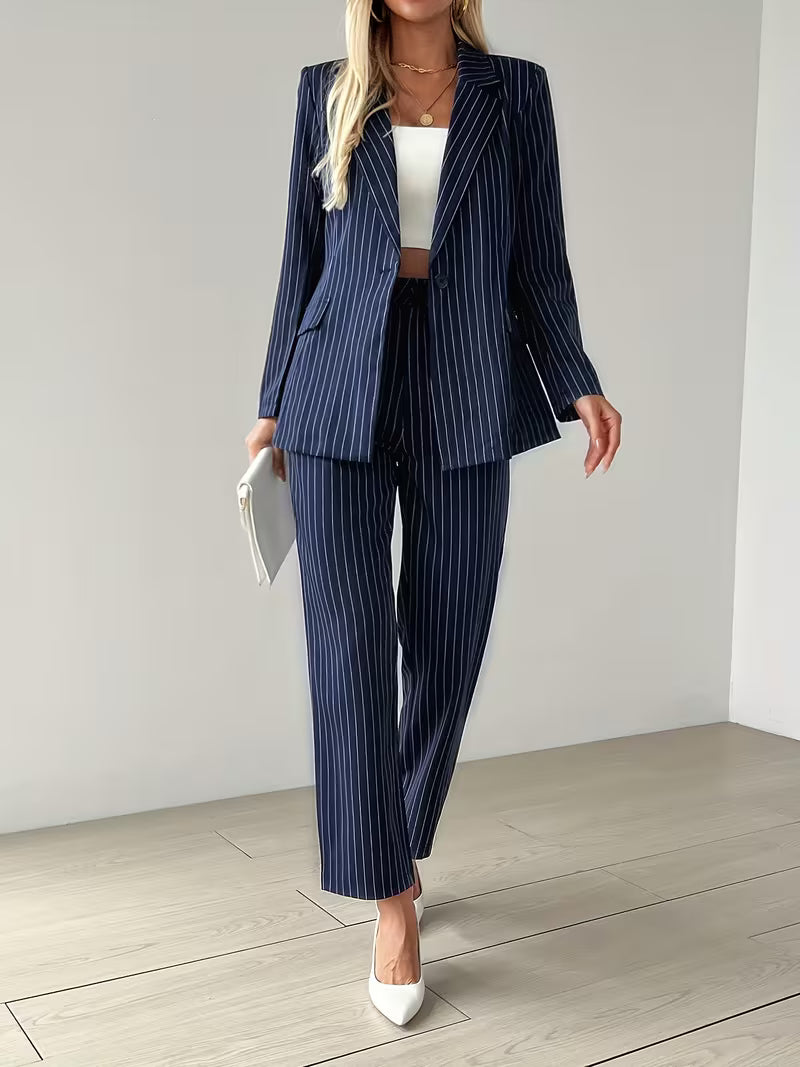 Damen Anzug Set – Gestreifter Blazer & Hose Elegant