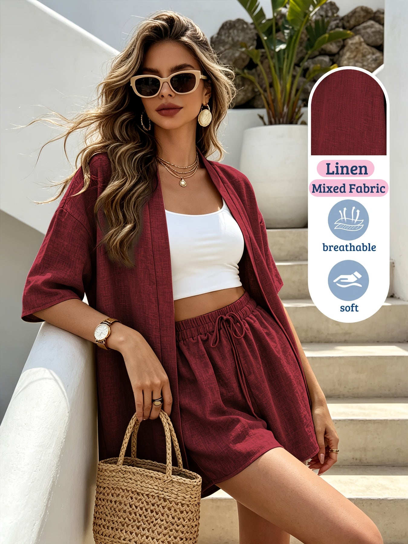 Damen Resort Set aus Leinenmix mit Cardigan und Shorts