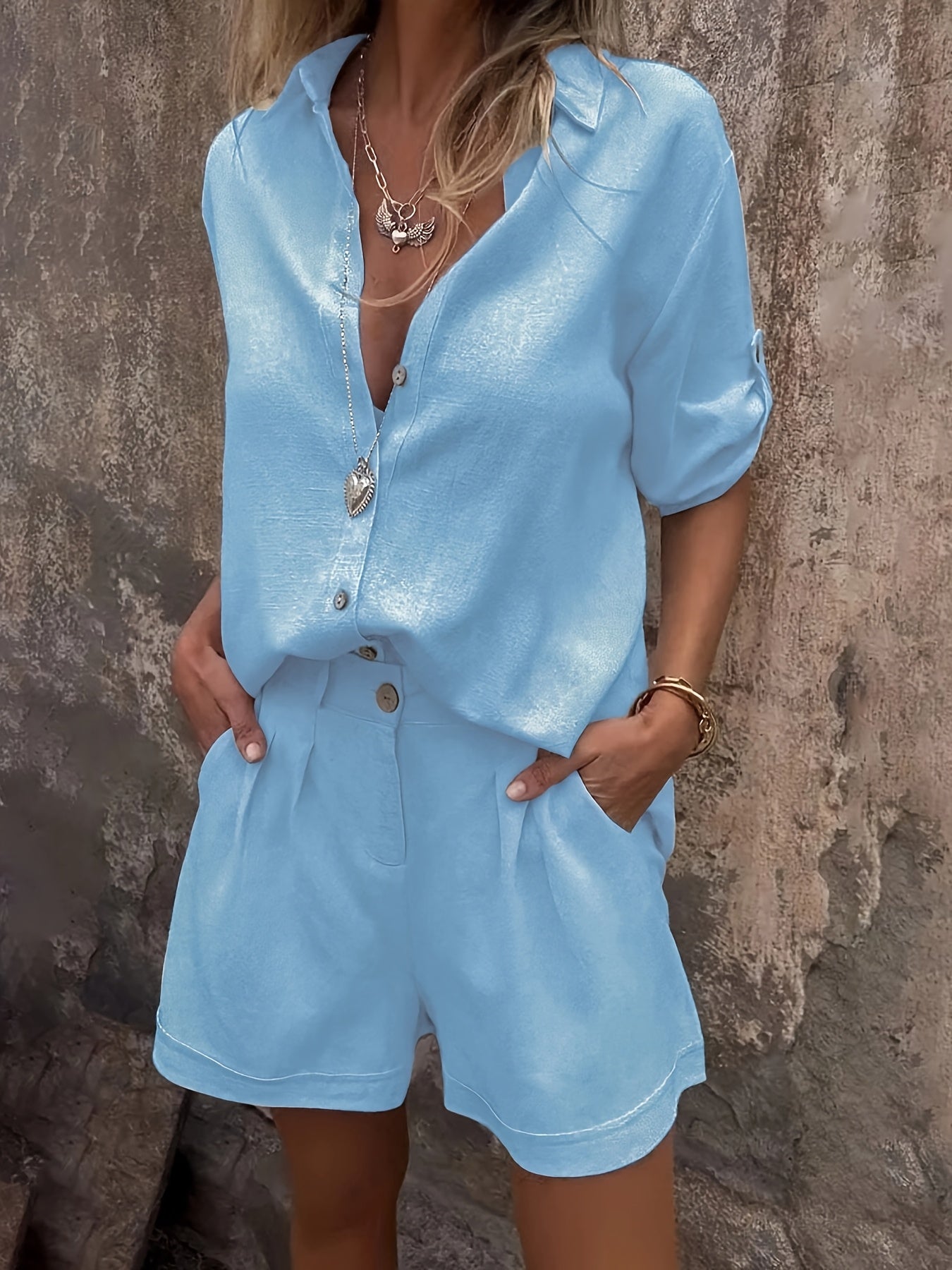 Damen Zweiteiliges Leinen-Set mit Oversize-Hemd und Shorts