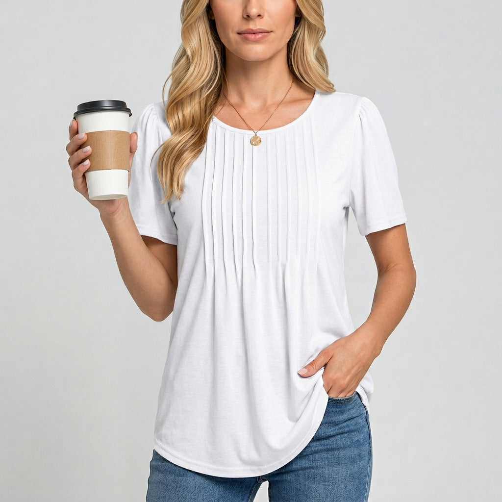 Bloom Damen Top – Ditsy Blumenprint & Falten mit Rundhalsausschnitt