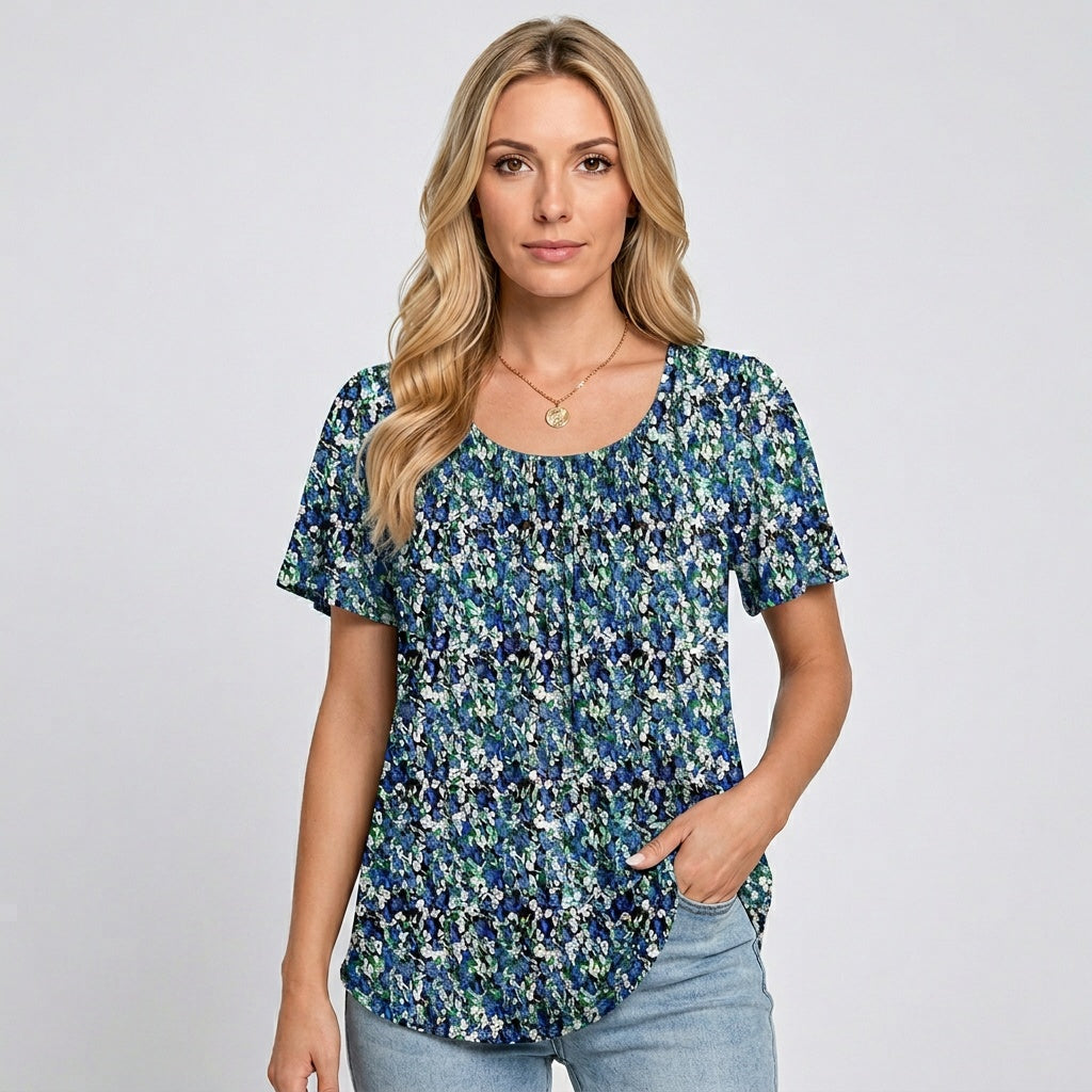 Bloom Damen Top – Ditsy Blumenprint & Falten mit Rundhalsausschnitt