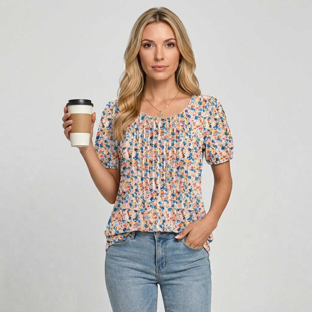 Bloom Damen Top – Ditsy Blumenprint & Falten mit Rundhalsausschnitt