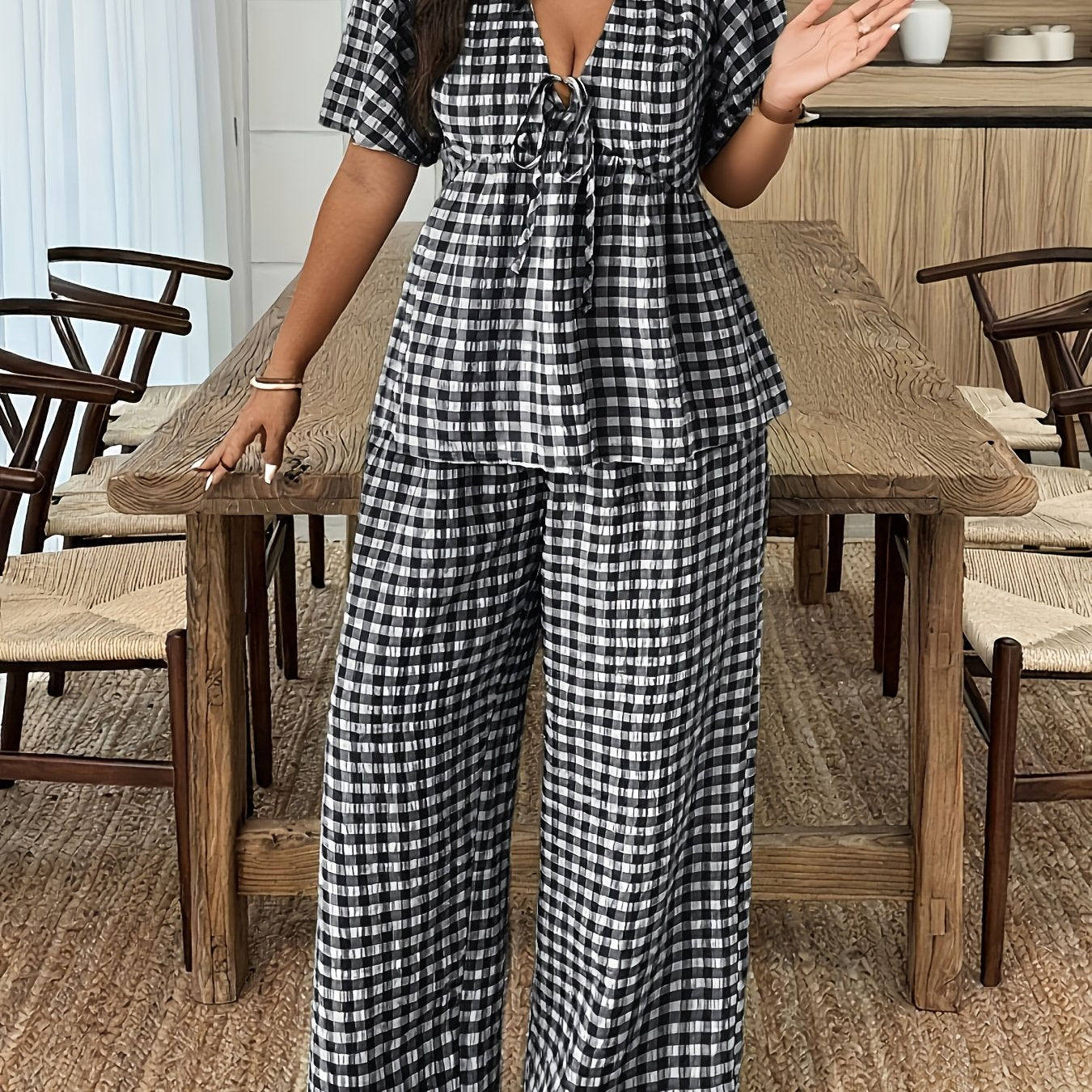 Damen Gingham Set mit Bluse und Weiter Hose