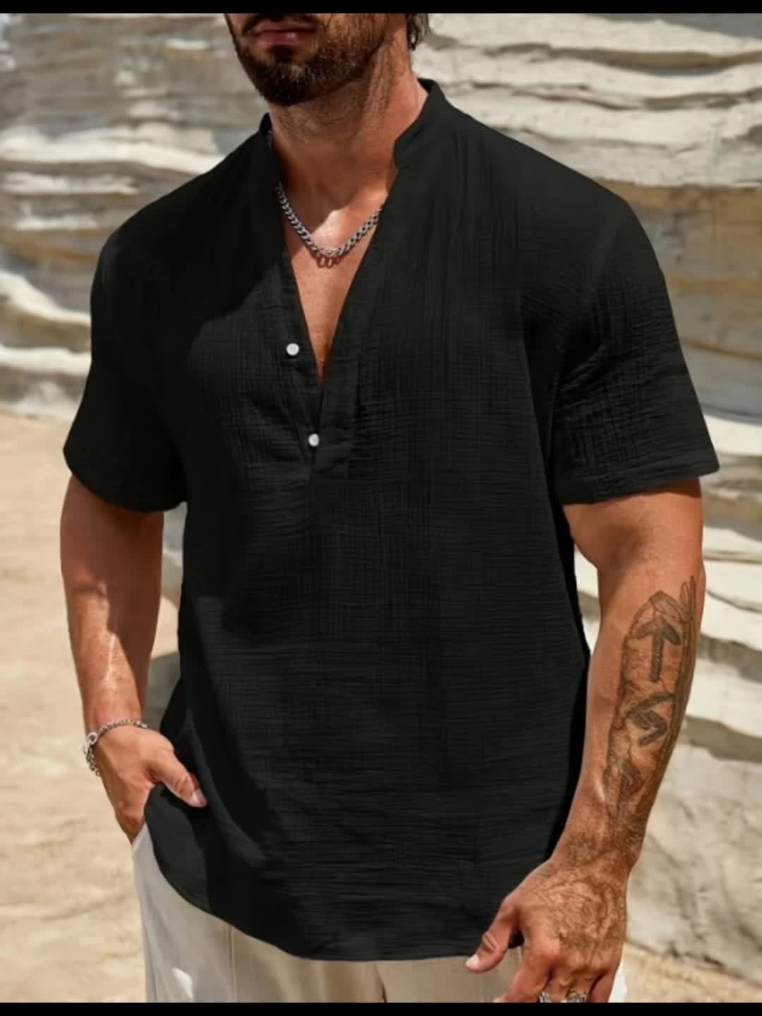 Herren Leinen-Henleyhemd für Urlaub und Strand