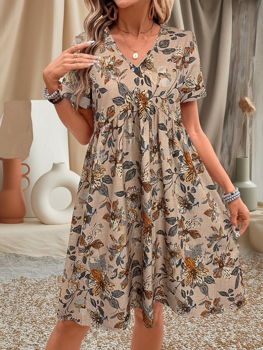 Damen Kleid – Vintage Floral V-Ausschnitt & A-Linie Sommer