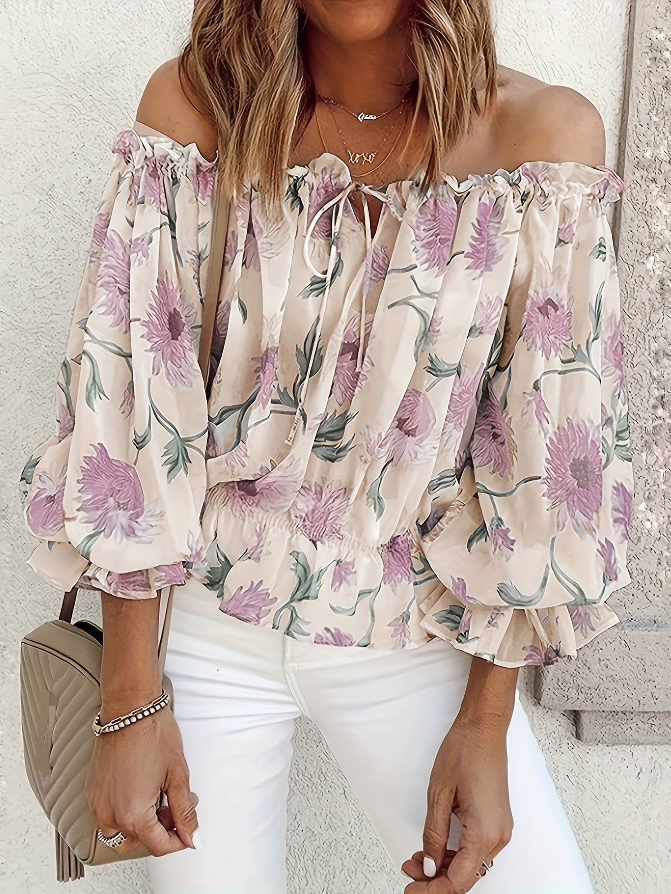 Damen One-Shoulder Chiffonbluse mit Laternenärmeln