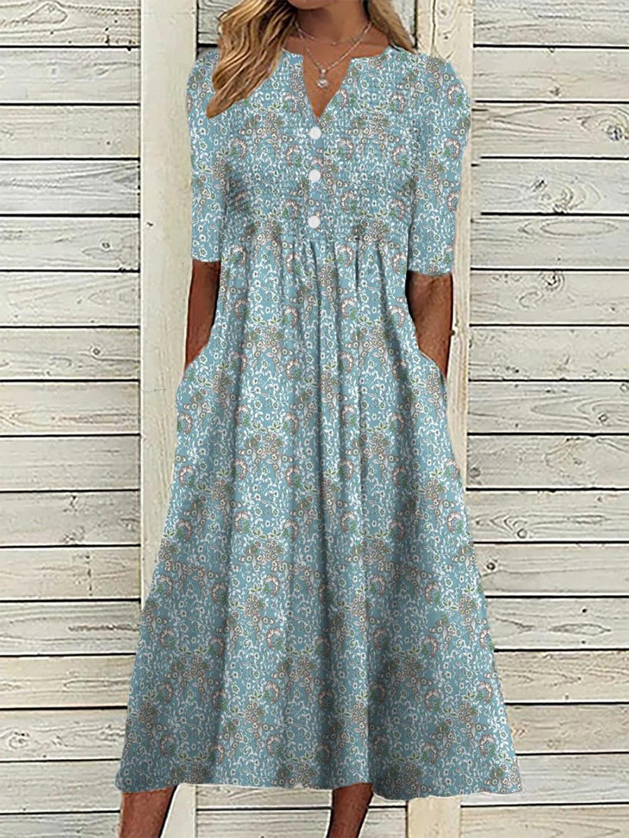 Damen Midikleid – Floral V-Ausschnitt mit Taschen