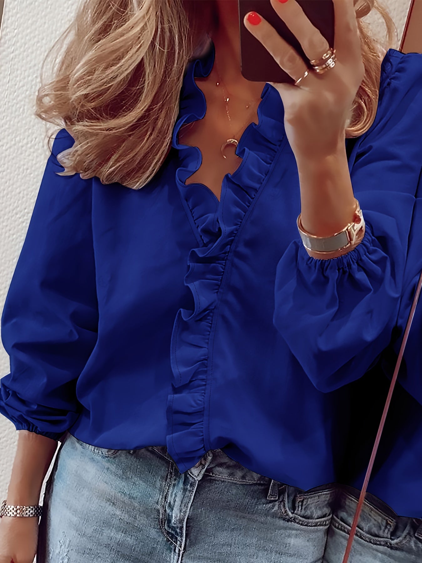 Damen Bluse – Rüschen V-Ausschnitt Locker Elegant