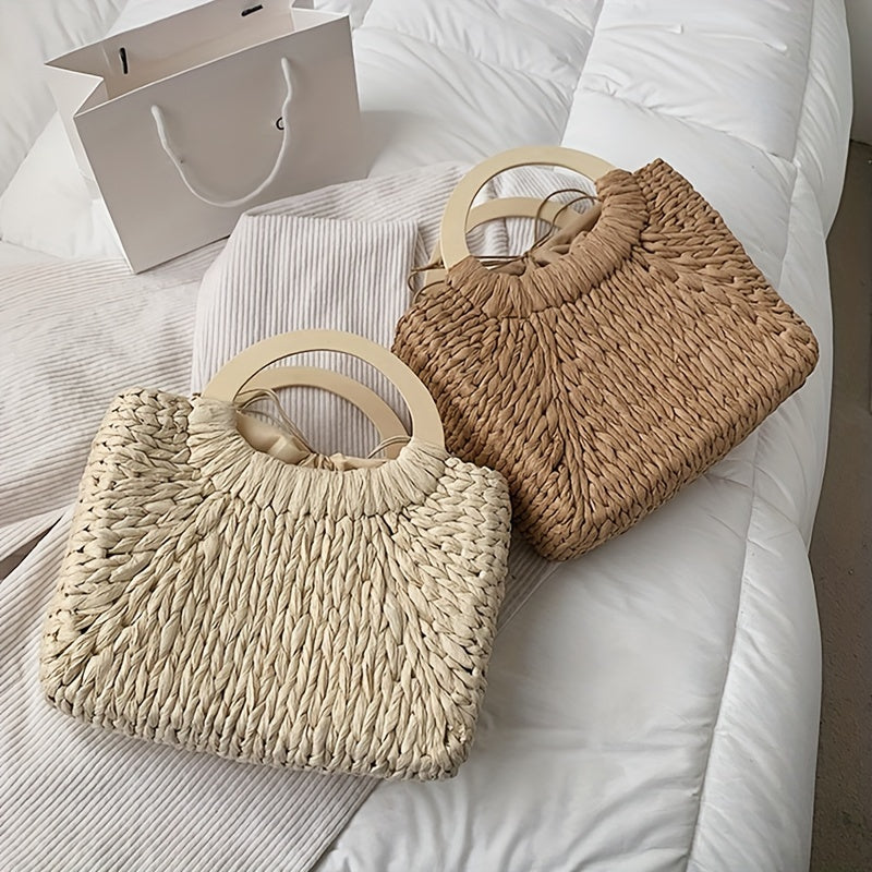 Kaqise™ | Handgefertigte Damen Strohtasche mit Holzgriff