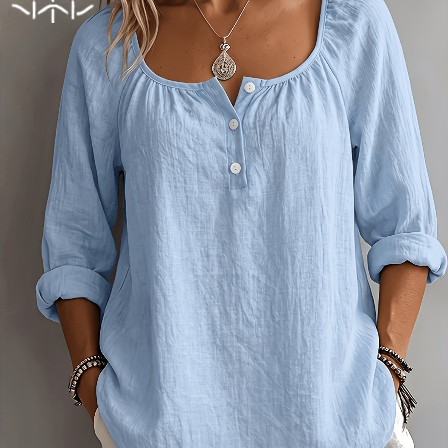 Damen Bluse – Leinenoptik & Eckiger Ausschnitt Locker Elegant