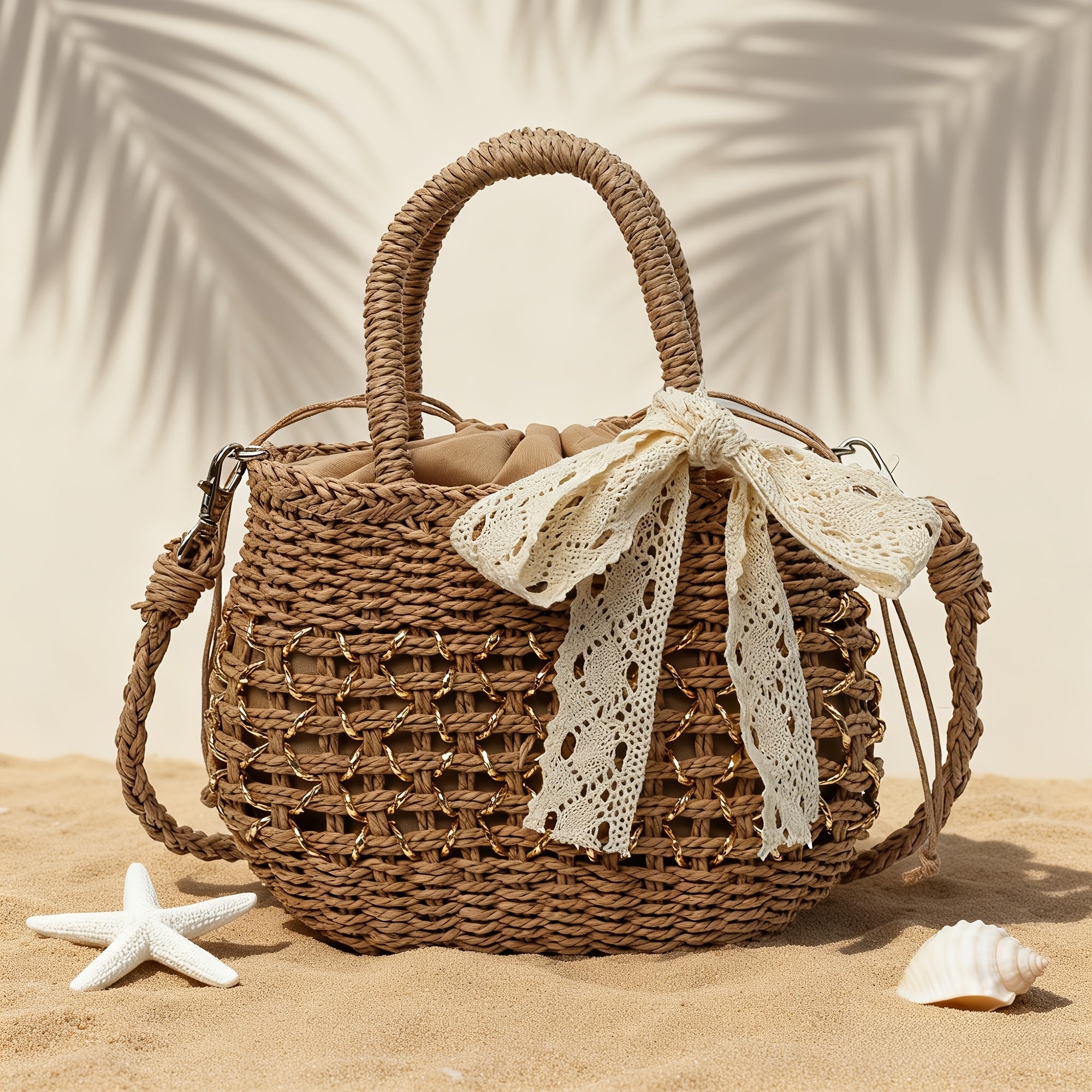 Kaqise™ | Damen Stroh Crossbody Bag mit Schleife & Kette
