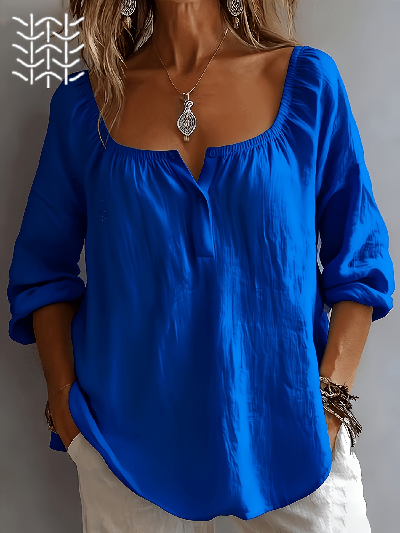 Damen Bluse – Leinenoptik & Eckiger Ausschnitt Locker Elegant