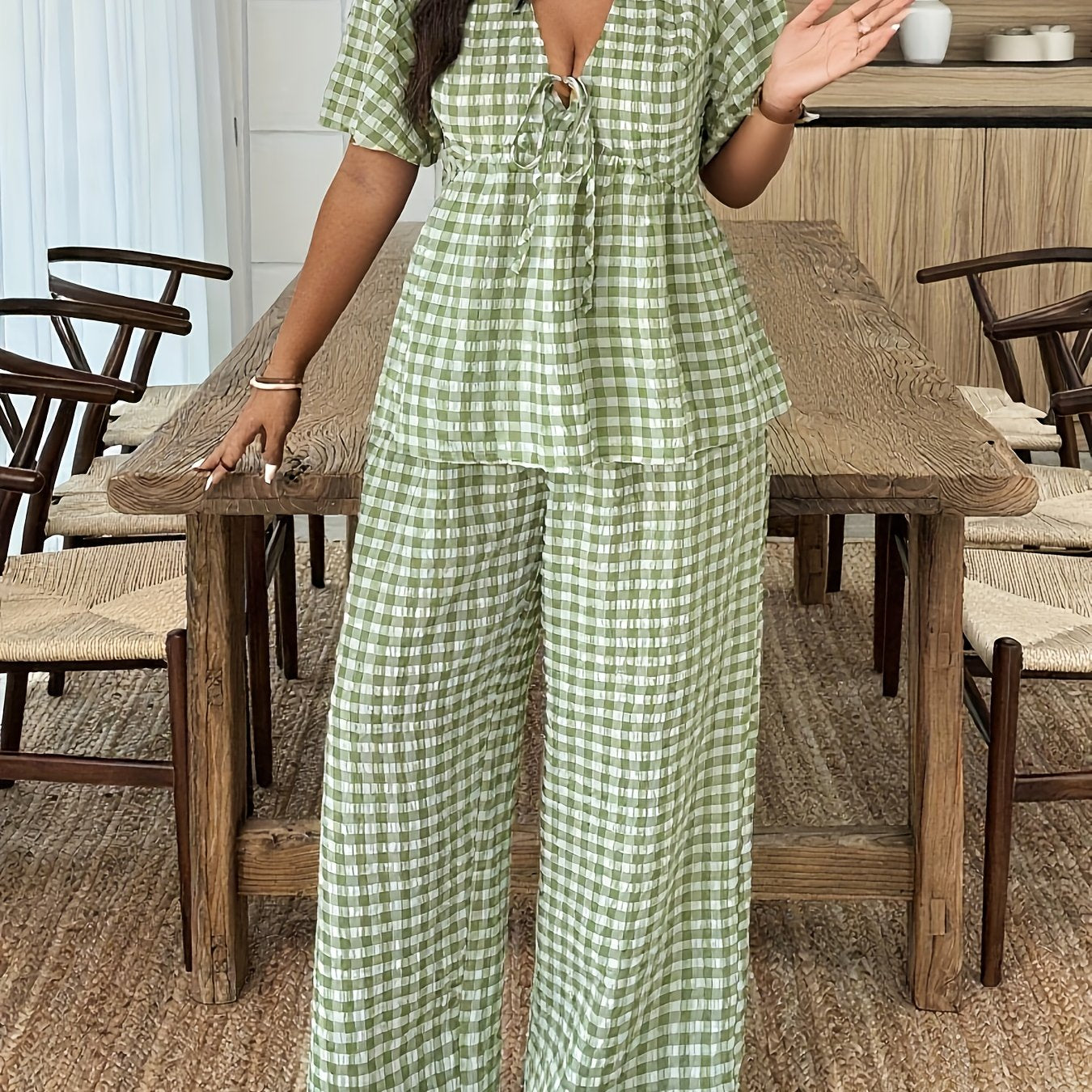 Damen Gingham Set mit Bluse und Weiter Hose