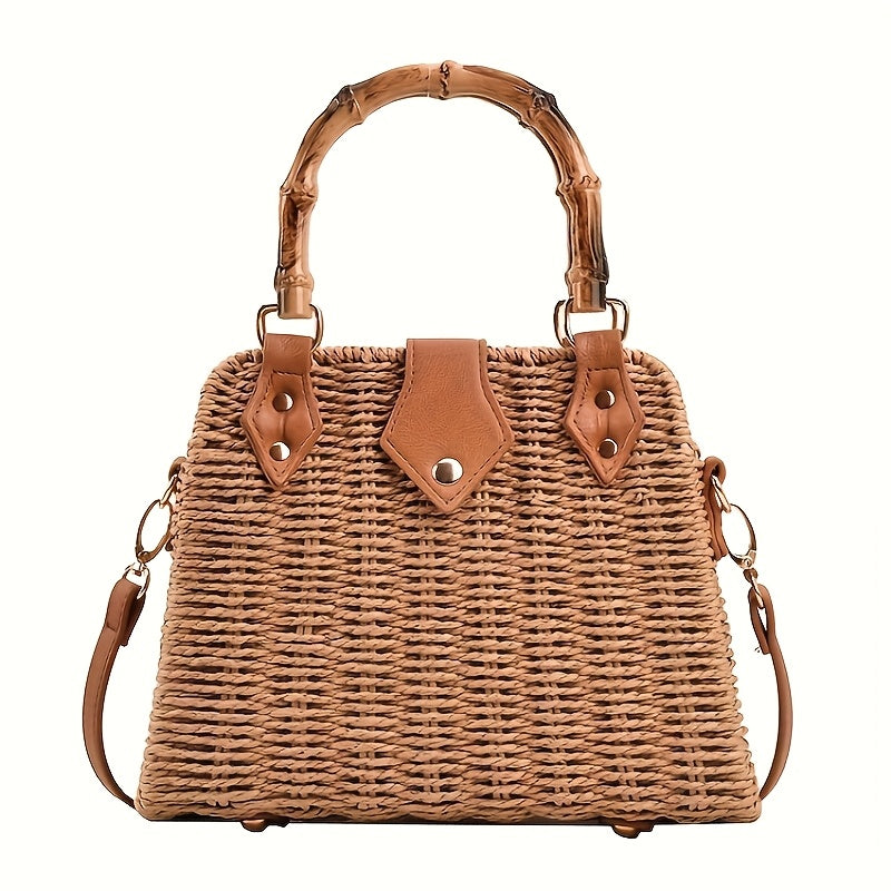 Damen Strandtasche Geflochten mit Bambusgriff