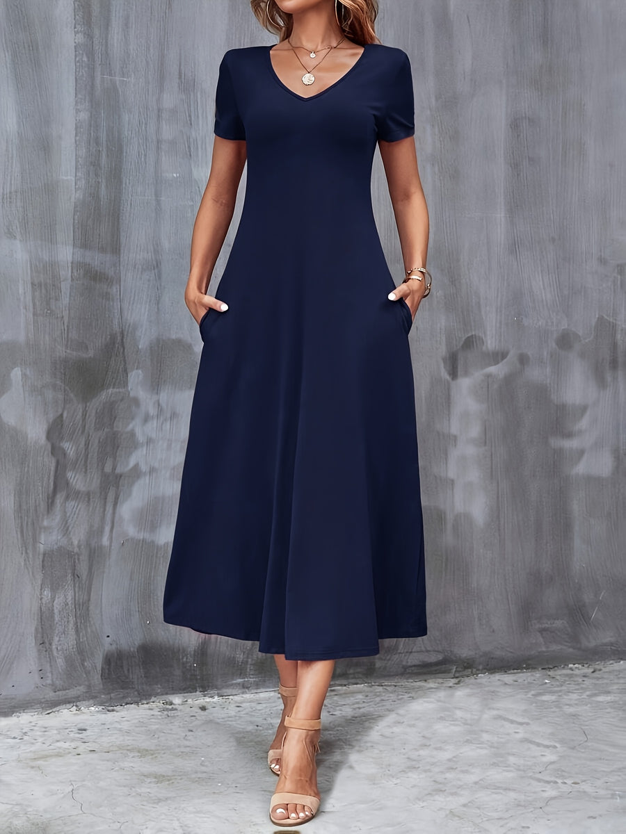 Damen A-Linien Kleid – V-Ausschnitt mit Taschen Elegant