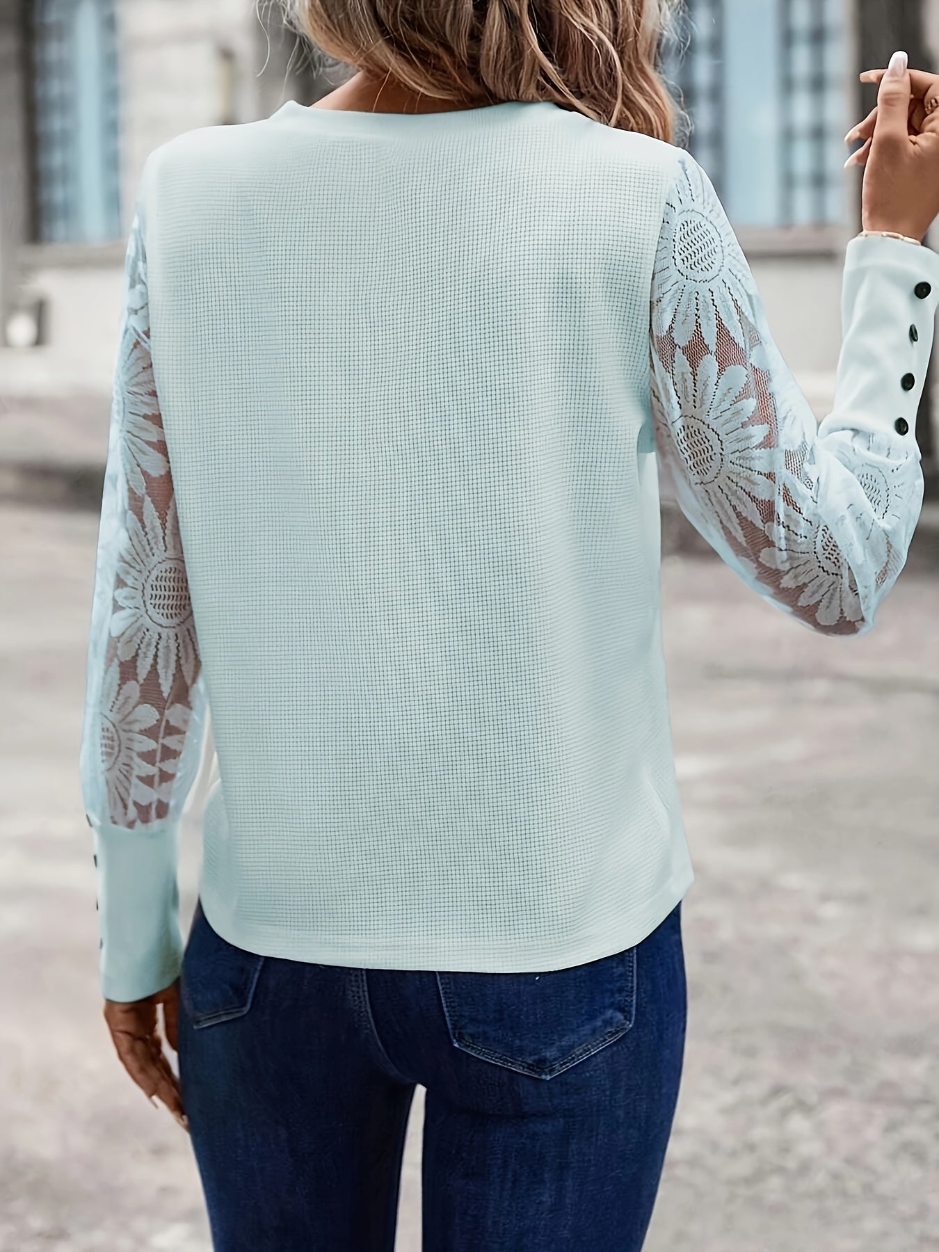 Damen Casual Waffelshirt mit Spitzenärmeln und Blumen-Patchwork