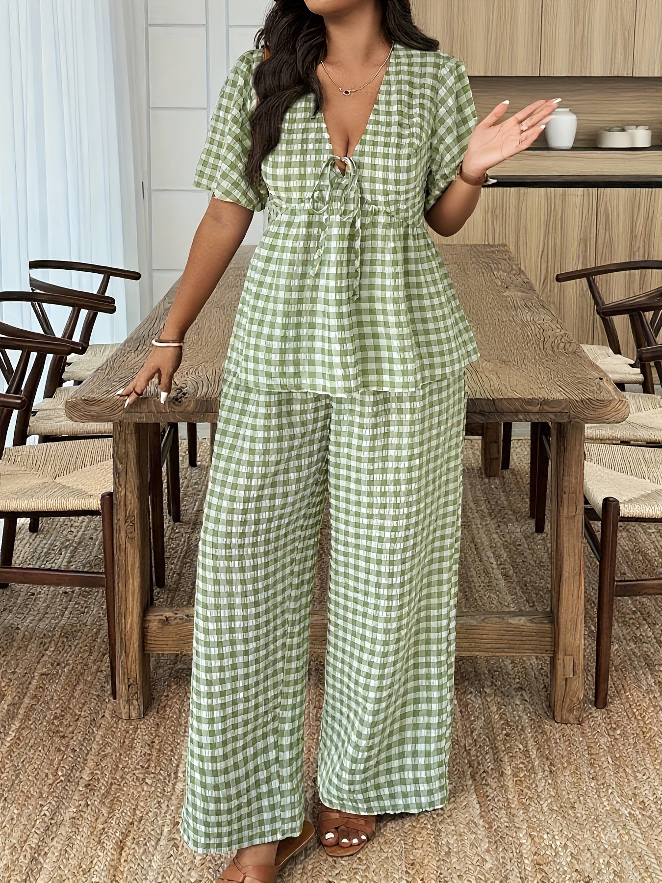 Damen Gingham Set mit Bluse und Weiter Hose