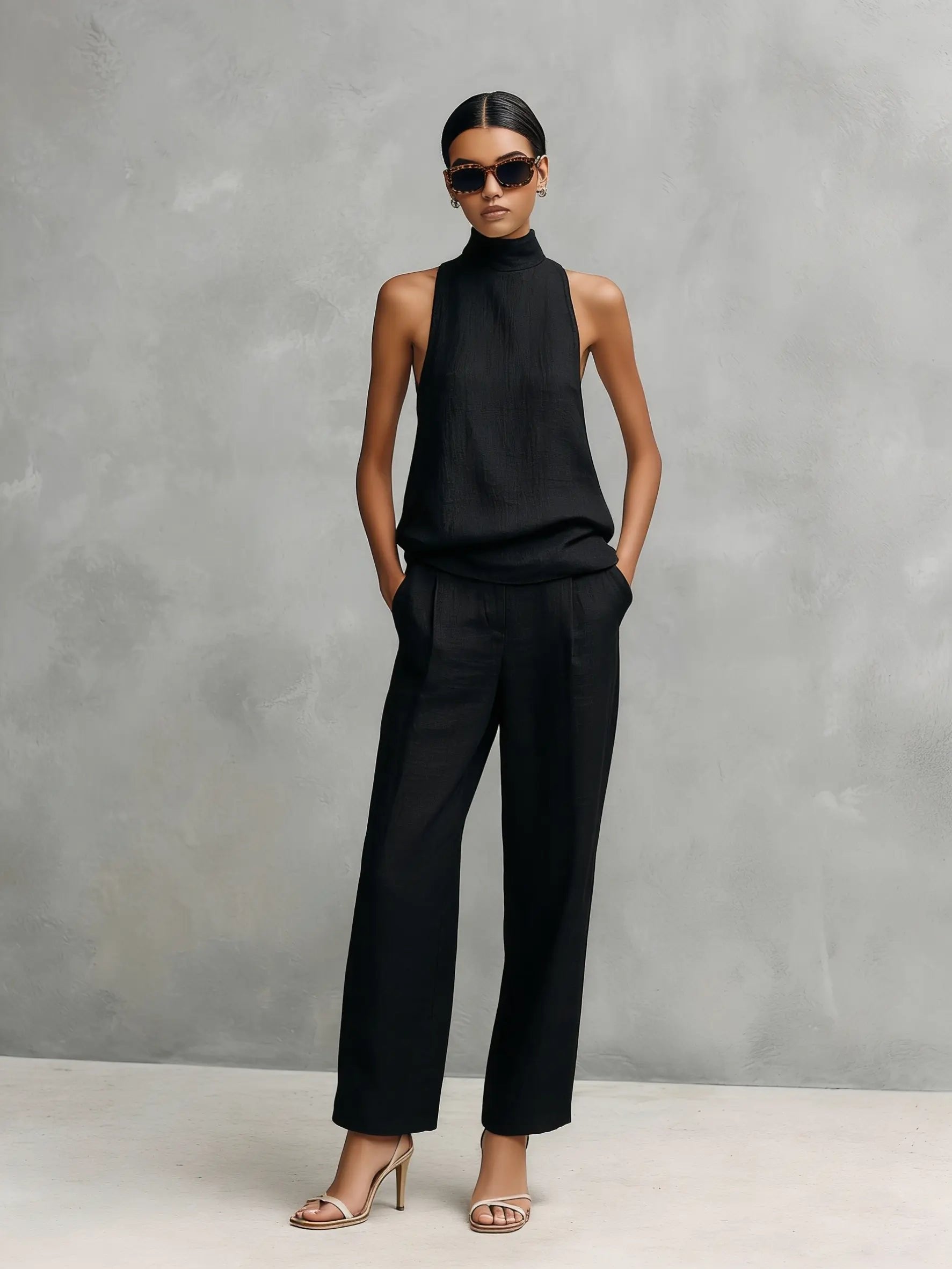Clara | Damen Baumwoll-Leinen Ärmellose High-Neck Top Hose Set