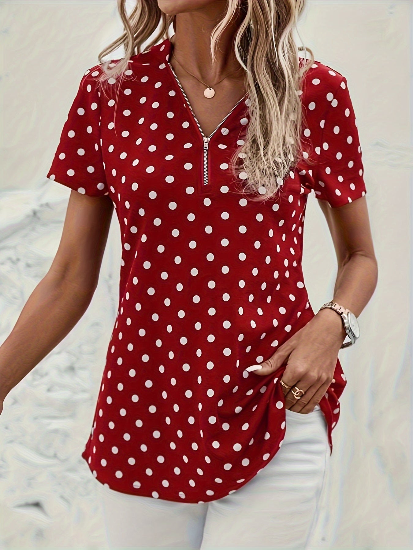 Damen Zip-Up Top mit Polka Dot Print