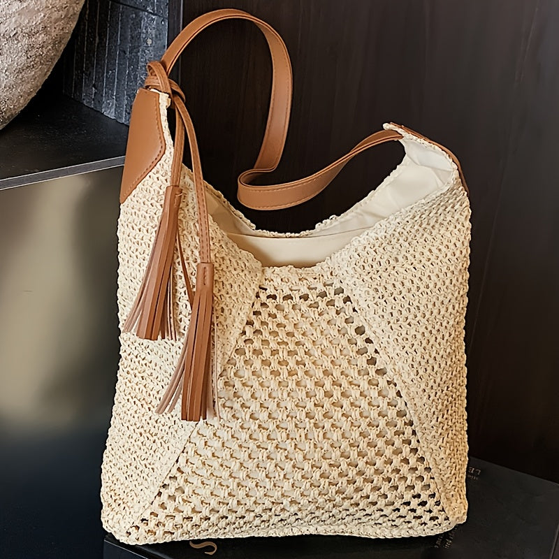 Boho Damen Tote Bag aus Stroh mit Viel Stauraum