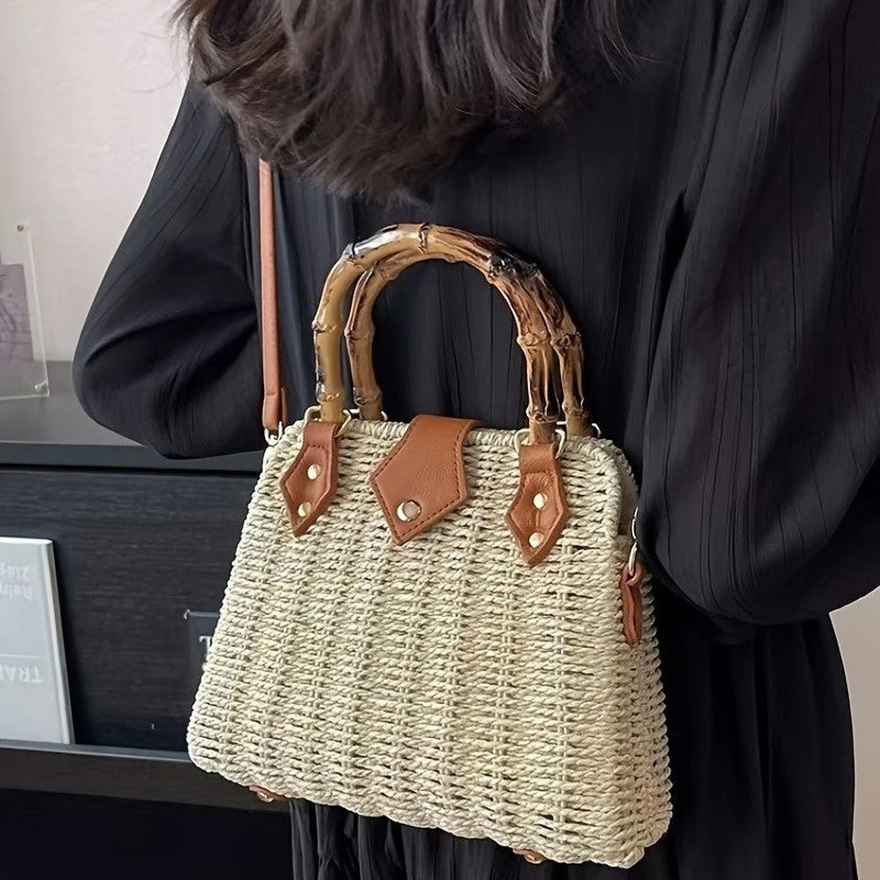 Damen Strandtasche Geflochten mit Bambusgriff
