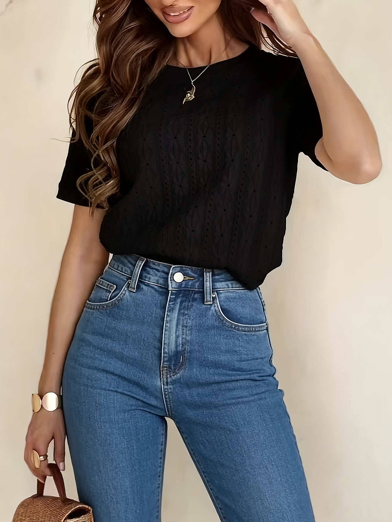 Damen T-Shirt – Jacquard & Rundhals Kurzarm Minimalistisch
