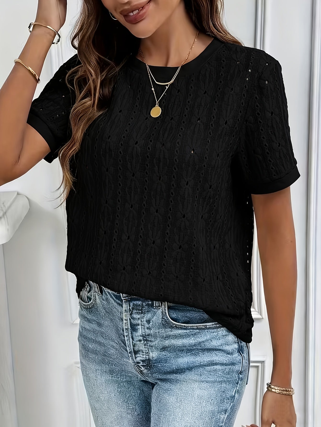 Damen T-Shirt – Jacquard & Rundhals Kurzarm Minimalistisch