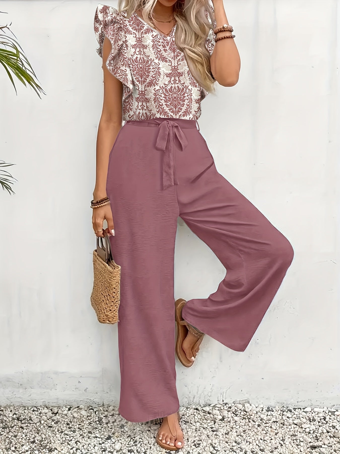 Damen Set – V-Ausschnitt Print & Weite Hose Elegant