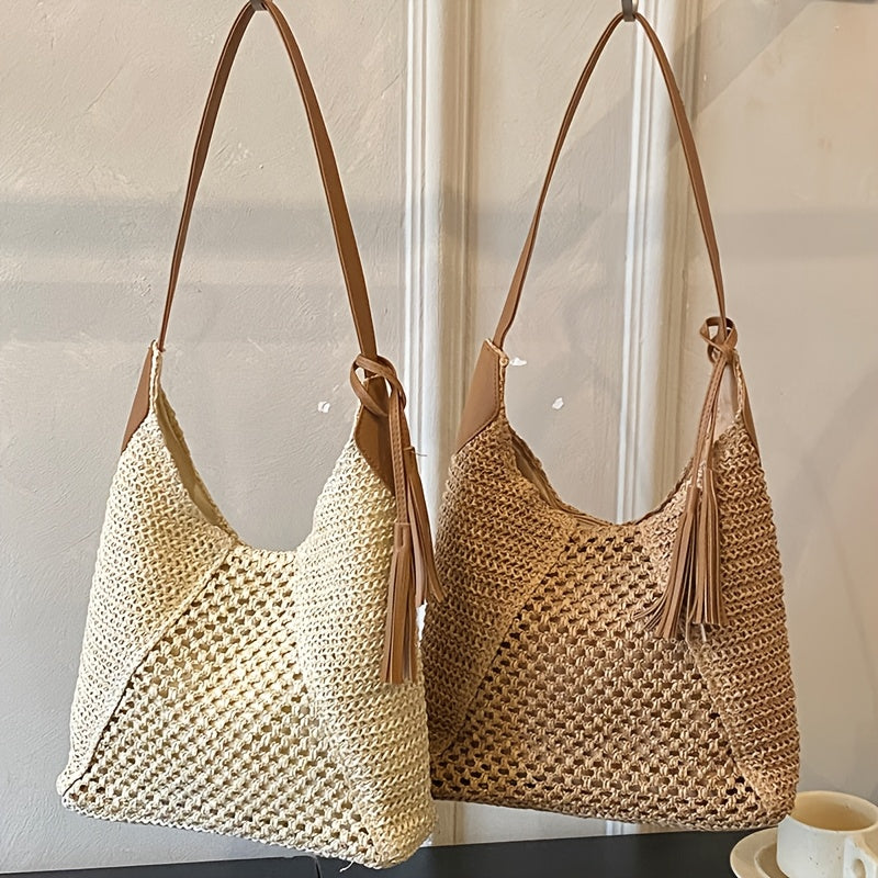 Boho Damen Tote Bag aus Stroh mit Viel Stauraum
