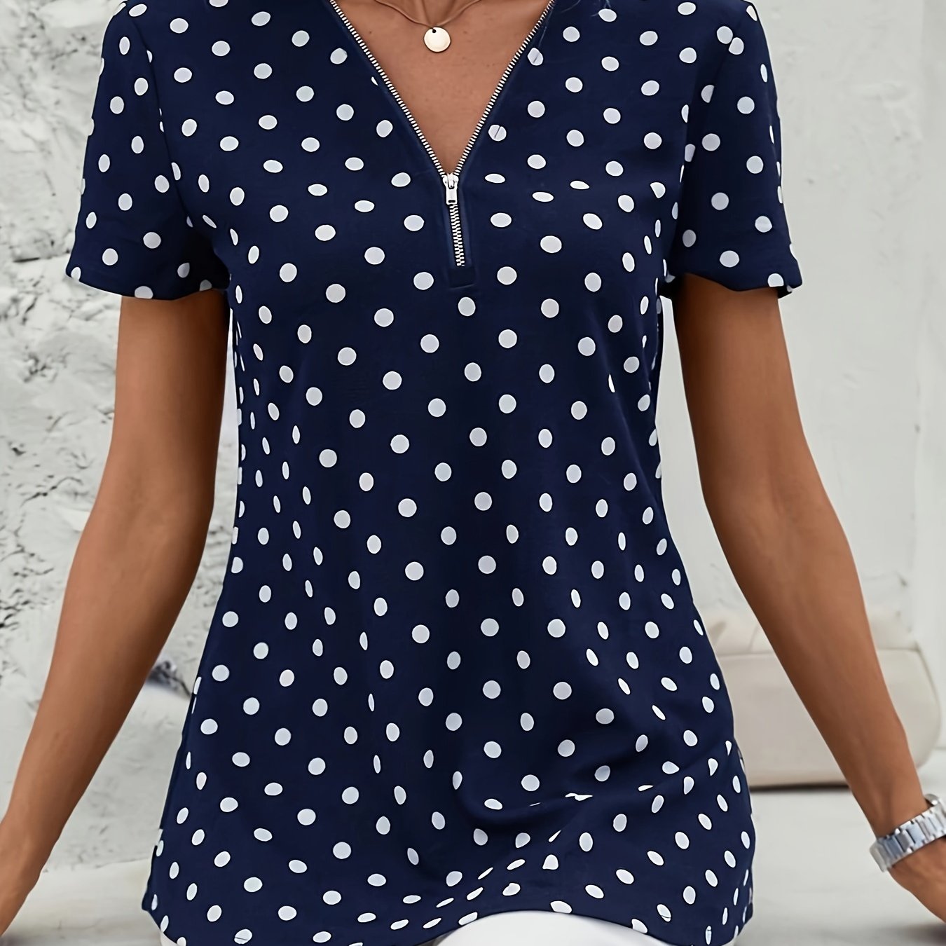 Damen Zip-Up Top mit Polka Dot Print