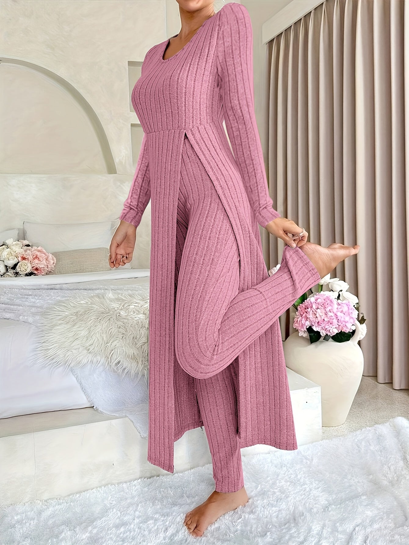 Damen Zweiteiliges Rippstrick-Set mit Langarm-Top und Hose