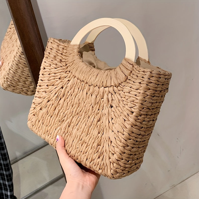 Kaqise™ | Handgefertigte Damen Strohtasche mit Holzgriff