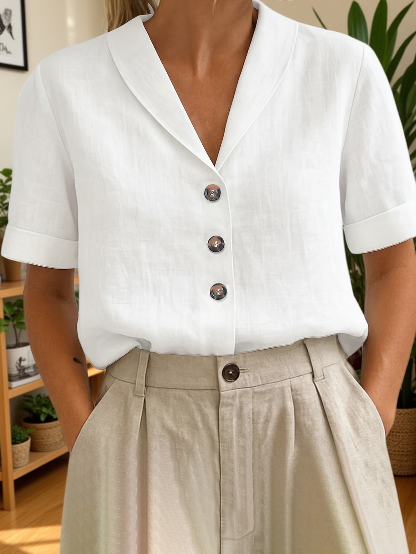 Damen Bluse – Locker & Reverskragen Kurzarm Einfarbig