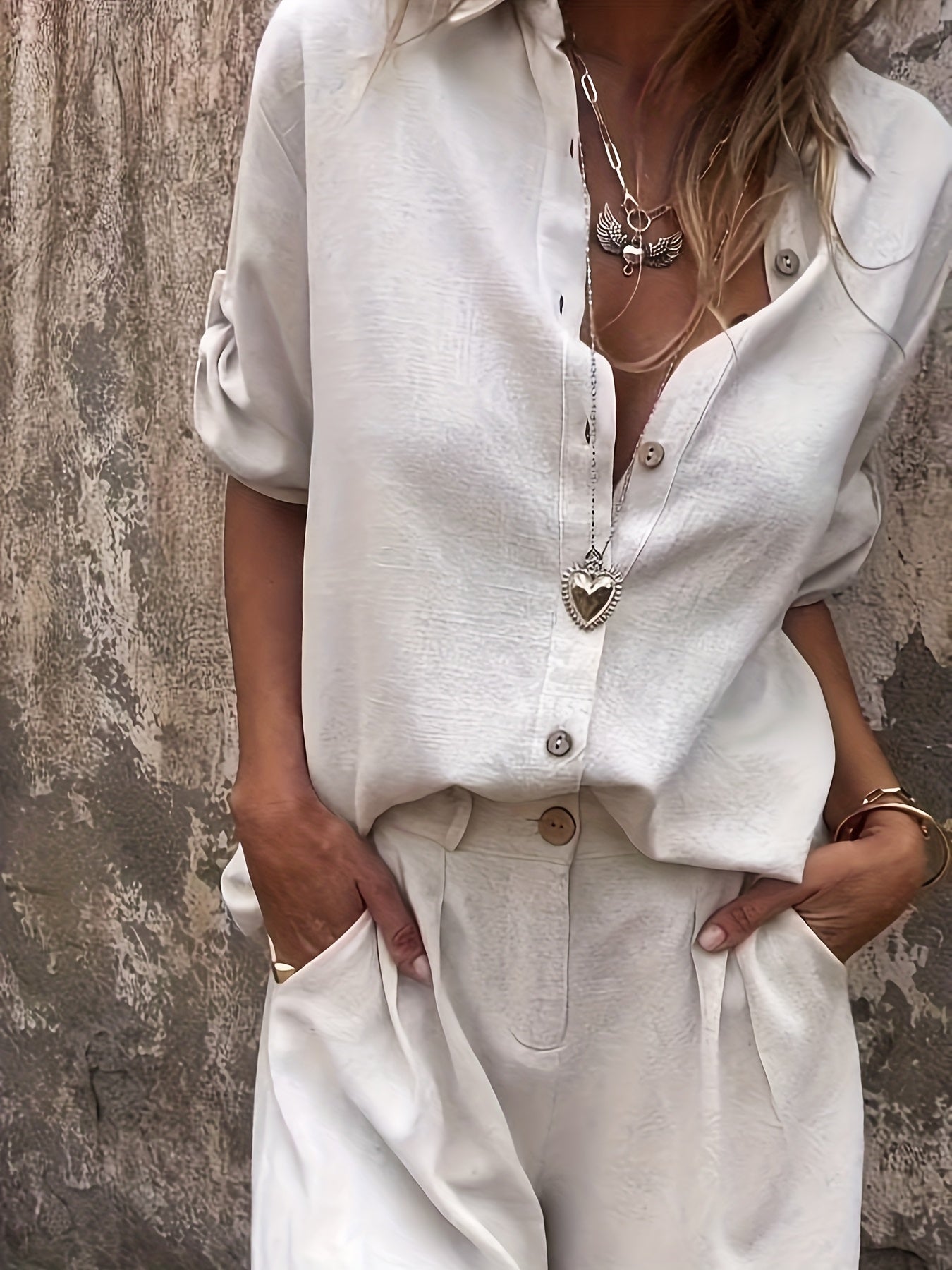 Damen Zweiteiliges Leinen-Set mit Oversize-Hemd und Shorts