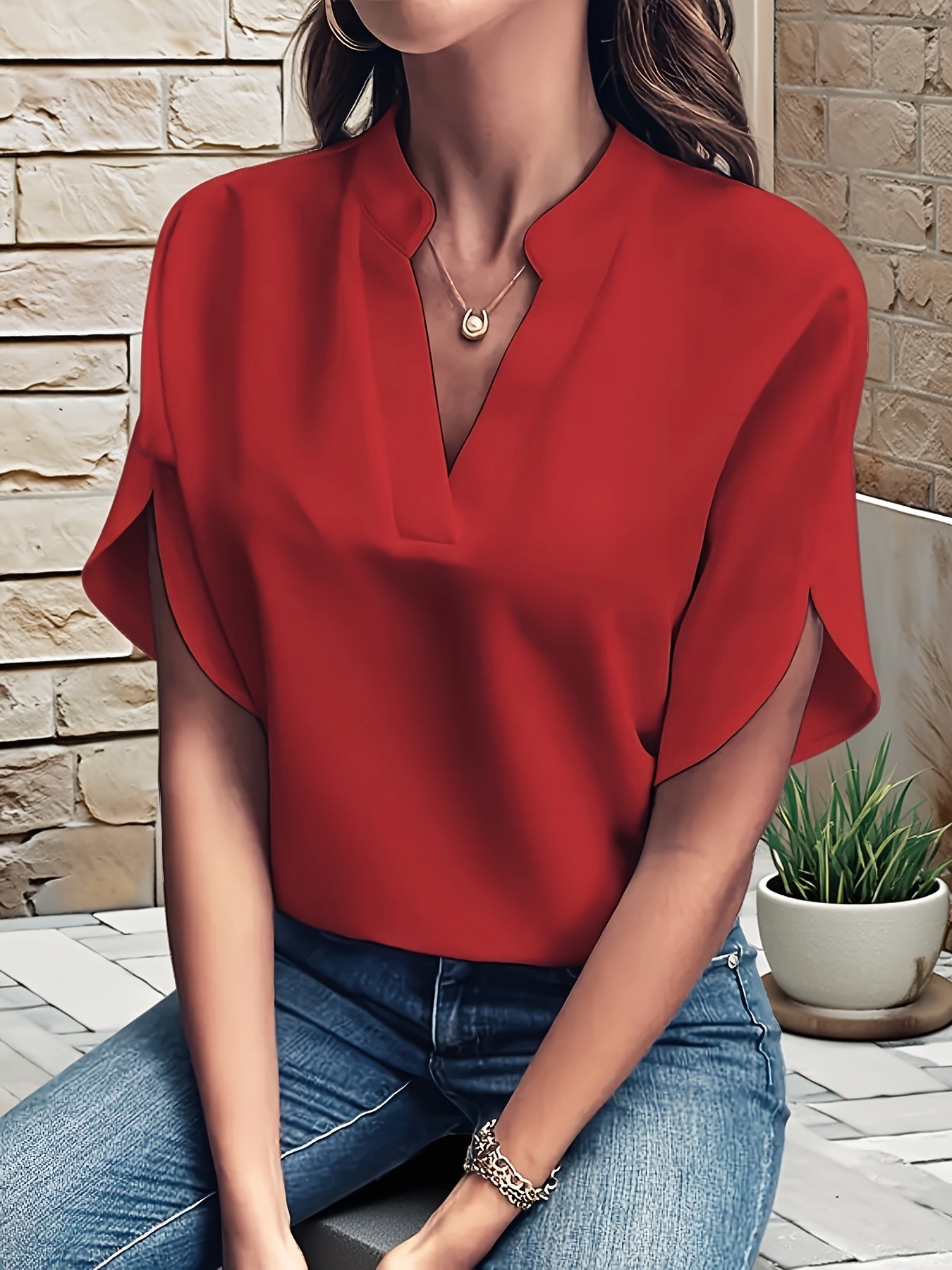 Damen Bluse – V-Ausschnitt Fledermausärmel Locker Elegant