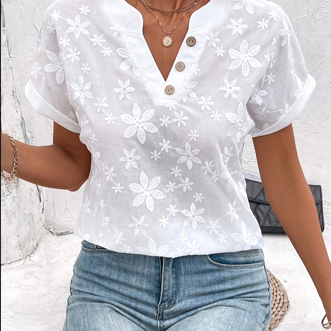 Damen Bluse – Floraler Print V-Ausschnitt Sommerlich
