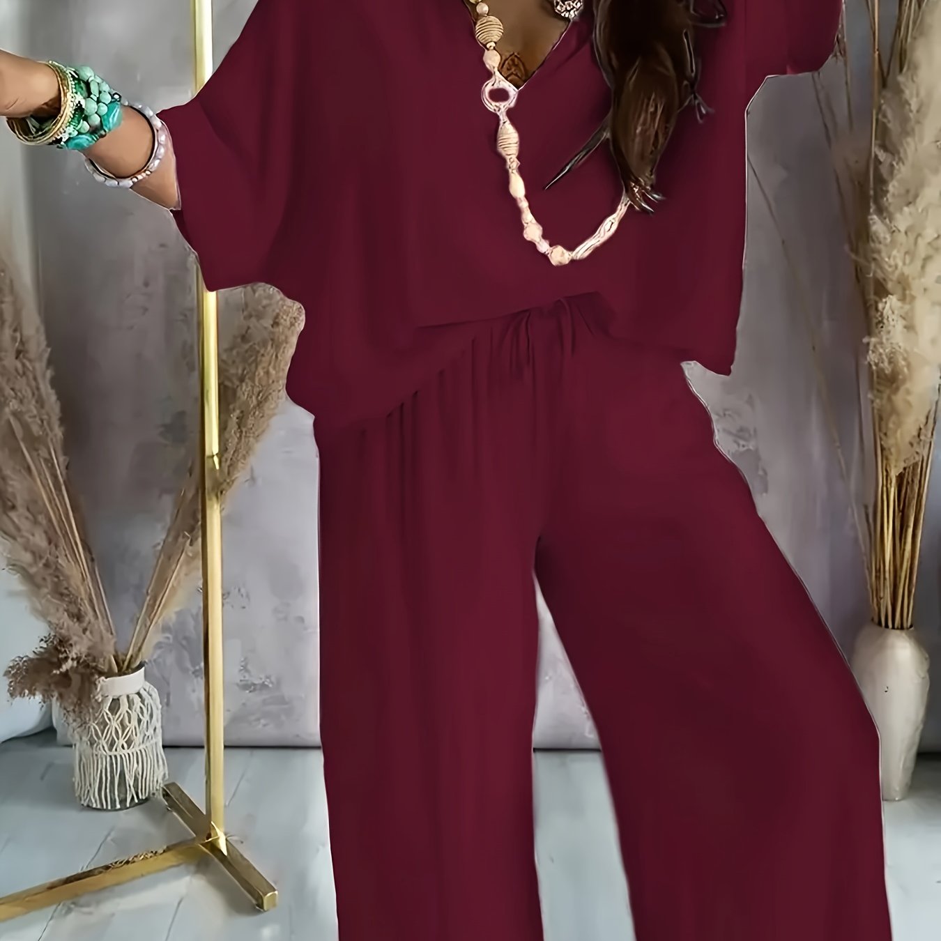 Damen Set – V-Ausschnitt & Weite Hose Lässig Elegant