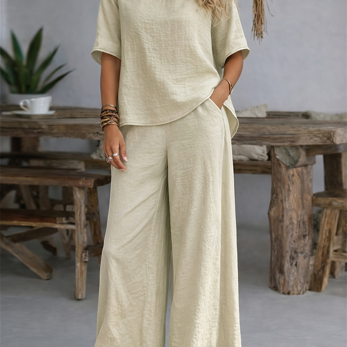 Damen Set – Zweiteiler Shirt & Weite Hose Lässig