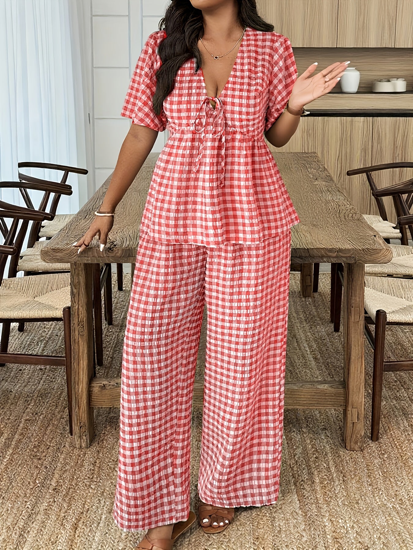Damen Gingham Set mit Bluse und Weiter Hose