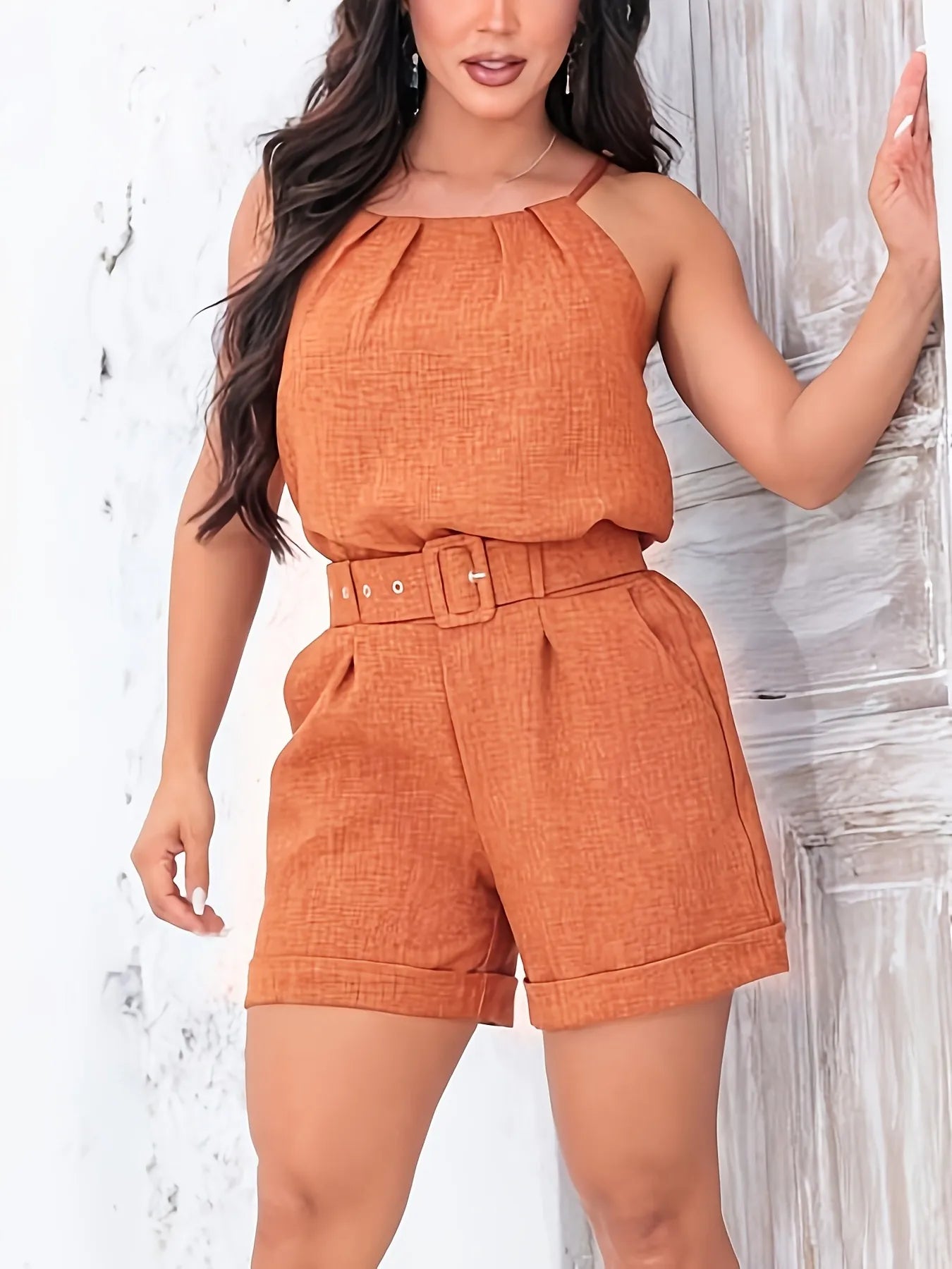 Capri Damen Zweiteiliges Set – Halterneck Top & High Waist Shorts mit Gürtel