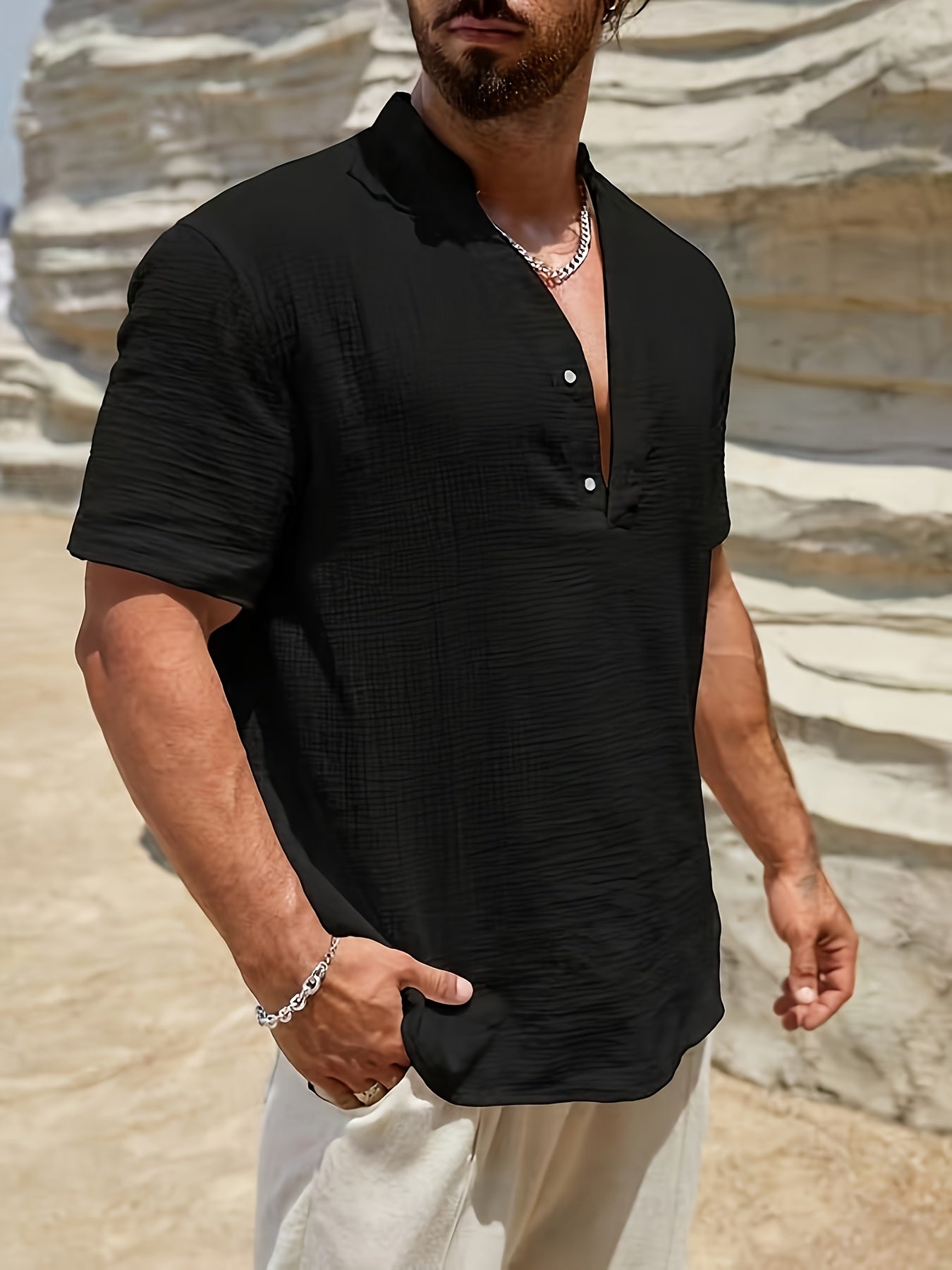 Herren Leinen-Henleyhemd für Urlaub und Strand